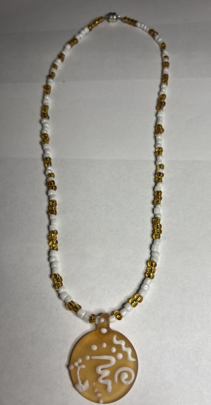 Artisan Lampwork Glass Pendant Necklace White Gold Seed Beads Tribal 18”